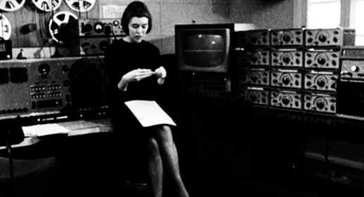 Delia Derbyshire in Room 12, along with her full panoply of equipment.