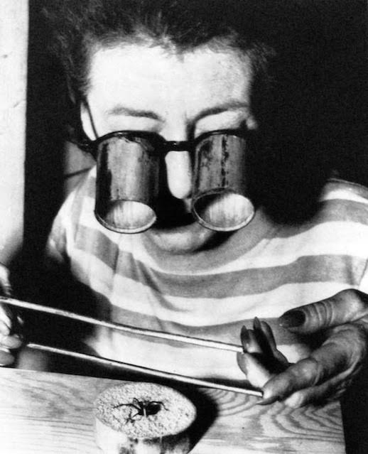 Nan Songer silking a spider, wearing glasses made from yucca plants